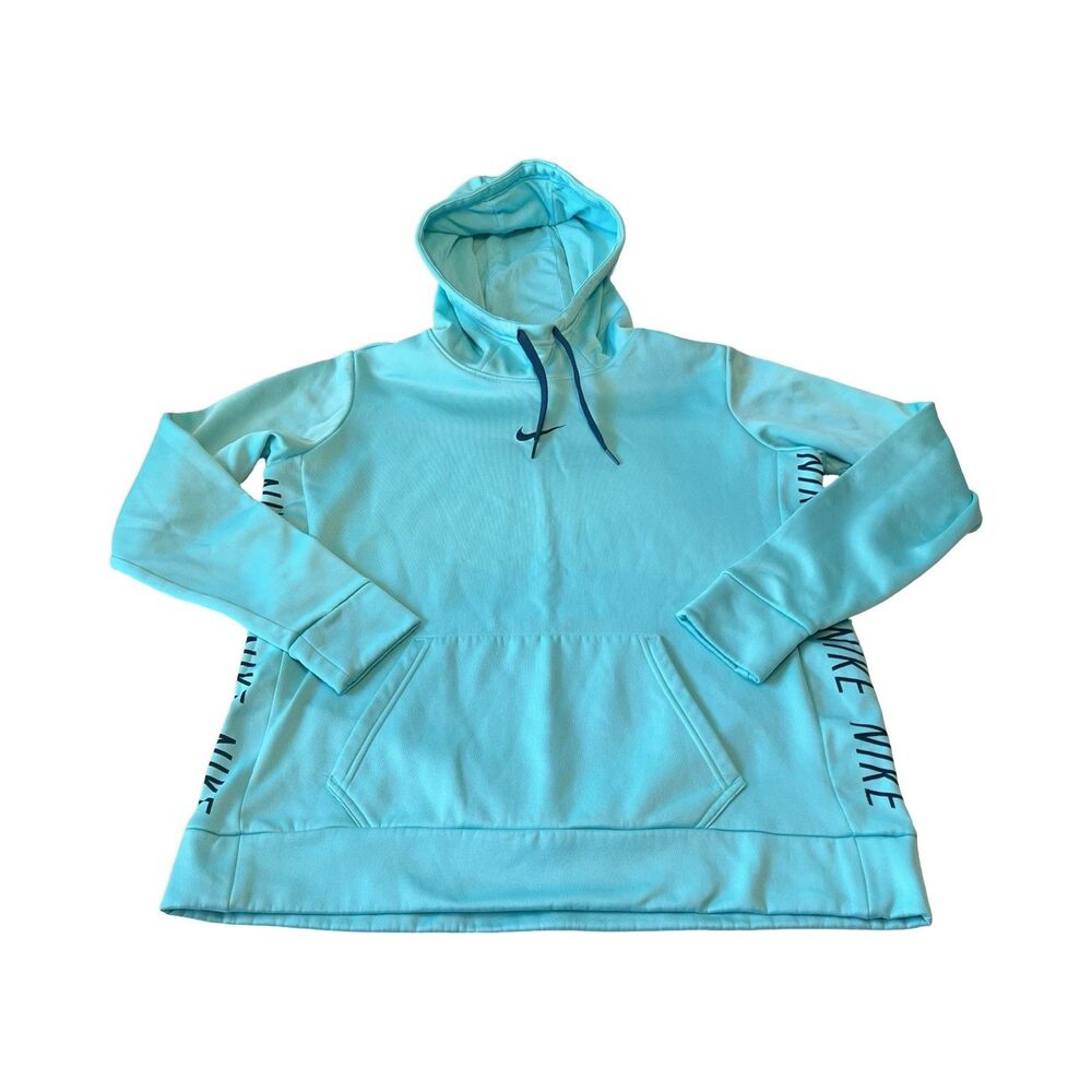 Nike Womens Large Teal Dri Fit Thermal‎ Training Tape Hoodie Workout Winter